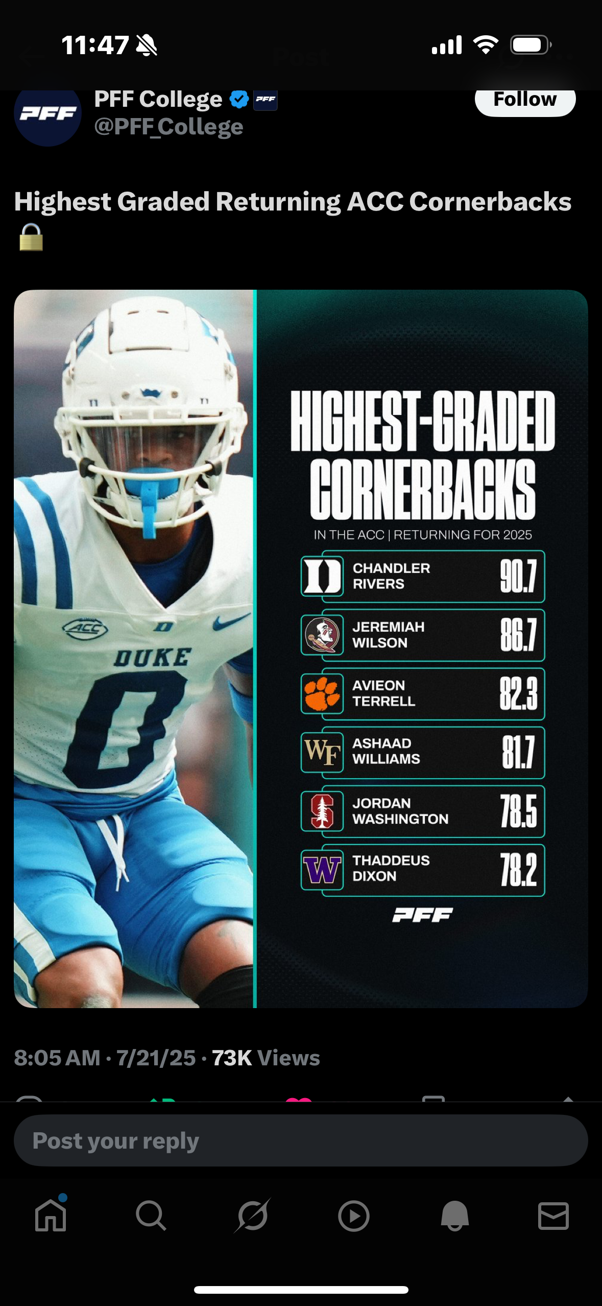PFF College graphic listing Jordan Washington among highest-graded returning ACC cornerbacks
